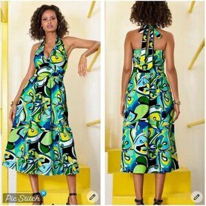 NEW!  Boston Proper "Valencia" Abstract Print Halter Midi Dress Size 0